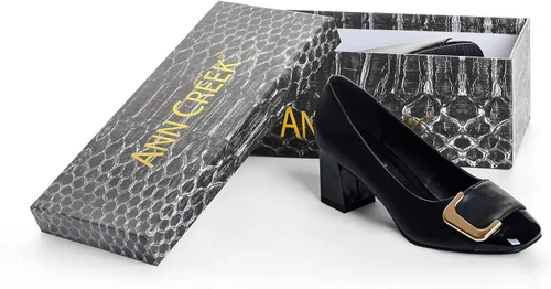 Vista 8 de ANN CREEK Zapatos de tacón bajo para mujer, zapatos de oficina de dos tonos, punta cuadrada, tacón grueso, de 2.4 pulgadas, Negro