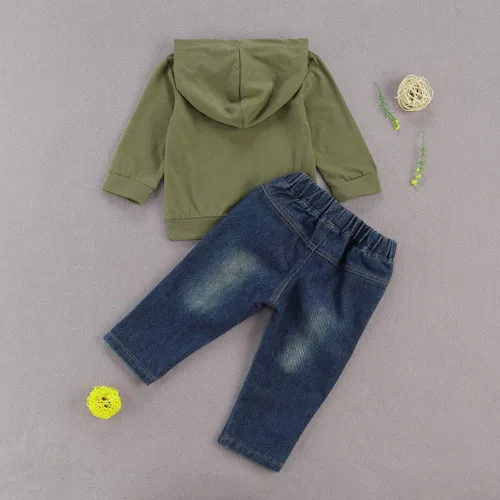 Vista 3 de fhutpw Conjunto de ropa con capucha y pantalones de mezclilla para bebé, para otoño, invierno, 6, 9, 12, 18, 24 meses