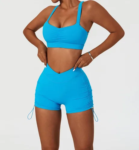 Vista 5 de Conjuntos de entrenamiento para mujer, 2 piezas, brasier deportivo recortado en capas y cintura en V, pantalones cortos para correr, gimnasio, yoga