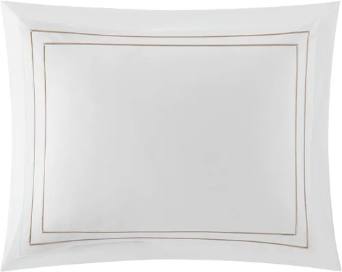 Vista 4 de Chic Home Santorini - Juego de edredón de algodón de 4 piezas, color blanco sólido con borde bordado de doble raya, ropa de cama de la colección