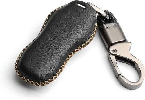Vista 4 de Cuero para Porsche Cayenne Macan Cayman Boxster Panamera Carrera Remote 3 Botones Key Fob Case Cover Chain (negro)