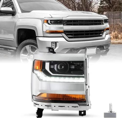 Vista 24 de Ensamble de faro HID/Xenón SOCKIR Compatible con Chevy Silverado 1500 2016-2019/19 Chevy Silverado 1500 LD [con bombilla HID D5S] con DRL LED