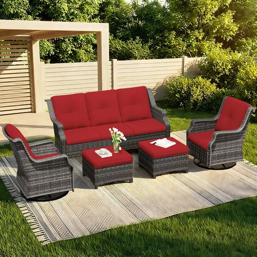 Vista 10 de Sofá de mimbre para patio al aire libre, sofá de 3 plazas, sofá de ratán con asiento profundo y cojines de olefina, respaldo alto, todo tipo de Beige