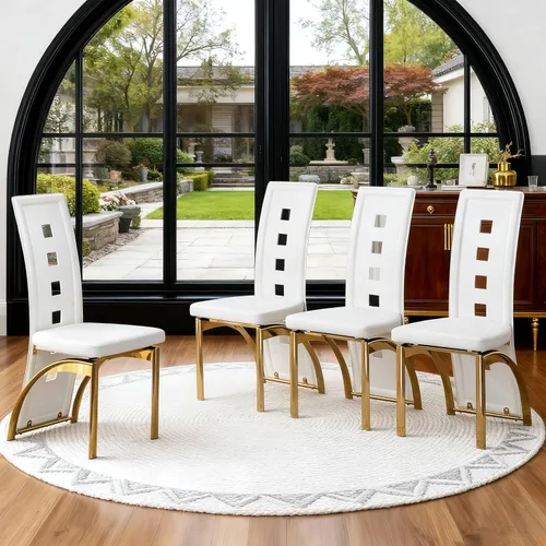 Vista 18 de Juego de 2 sillas de comedor modernas, juego de 2 sillas de comedor negras, sillas de cocina tapizadas de piel sintética con patas de metal dorado