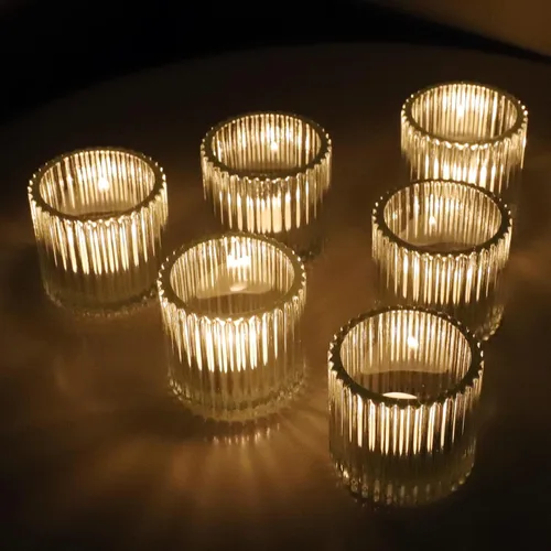 Vista 10 de VOHO Portavelas votivas para velas de boda, juego de 6 portavelas de vidrio ámbar, candelabros a granel para decoración de bodas, centro de mesa