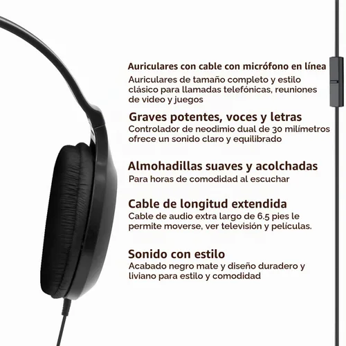 Vista 2 de Panasonic Auriculares ligeros con cable sobre la oreja con micrófono, sonido y XBS para extra graves, cable largo, conector de 3.5mm para teléfonos