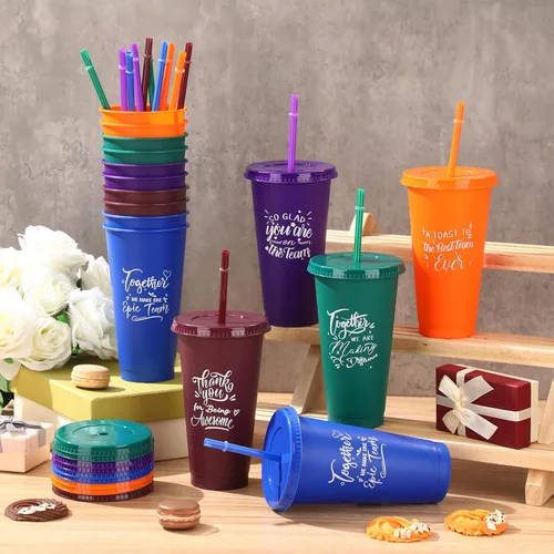 Vista 3 de Mifoci Regalos a granel de agradecimiento para empleados Tazas de plástico de 24oz con tapa con pajita para compañeros de trabajo, profesores