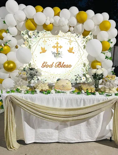Vista 3 de Fondo verde y dorado para bautizo, decoración de fiesta de primera comunión, fondo de fotografía de bautizo, 7 x 5 pies (82 x 59 pulgadas)