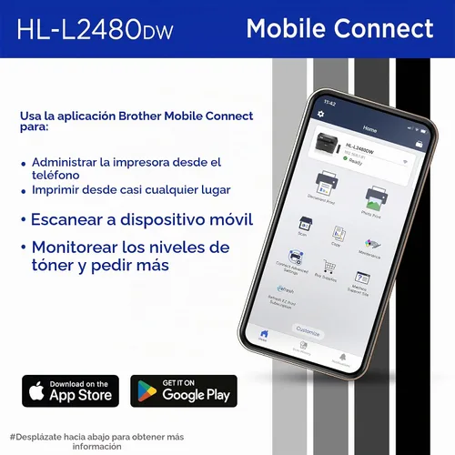 Vista 5 de Impresora láser multifunción compacta inalámbrica HL-L2480DW de Brother, monocromática, con copia y escaneo, dúplex, móvil, en blanco y negro