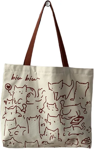 Vista 9 de Bonita bolsa de mano para mujer con cremallera, divertido bolso con gatos, perros, bolso grande de lona para el hombro