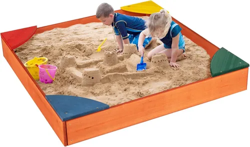 Vista 9 de HONEY JOY Caja de arena de madera para niños, pozo de arena sin fondo para exteriores con 4 asientos esquineros integrados, cajas de arena de cedro