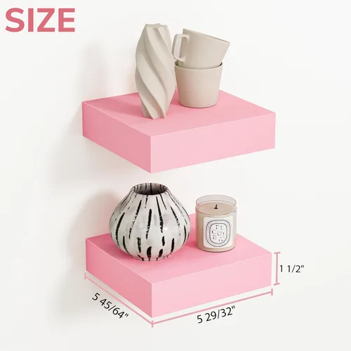 Vista 3 de BAMEOS Estantes flotantes rosas para pared, estantes de pared de 6 x 6 pulgadas para habitación, estantes flotantes para libros, estantes colgantes