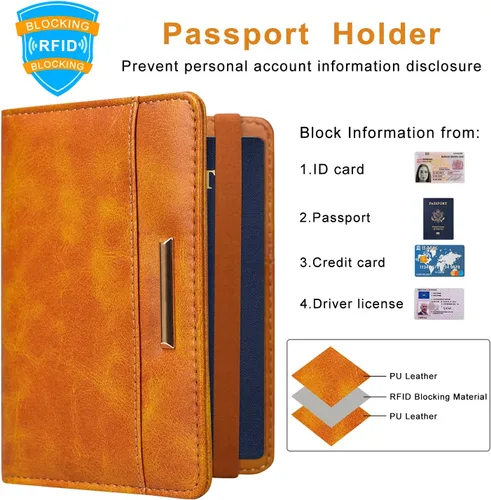 Vista 2 de Caweet Funda de pasaporte RFID bloqueo de viaje cartera de cuero pasaporte con banda elástica, Marrón, Classic