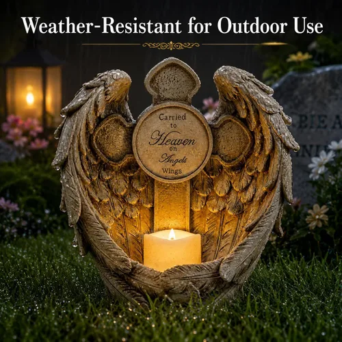Vista 3 de Estatua conmemorativa de alas de ángel solar con vela LED y cruz, decoración de tumbas de resina resistente a la intemperie para cementerio, regalos