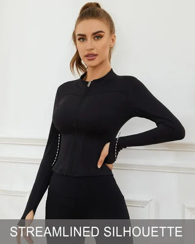 Vista 2 de ANOTHER CHOICE Women Gym Zip Up Crooped Workout Jacket Lightweight Running Athletic Top with Thumb Hole