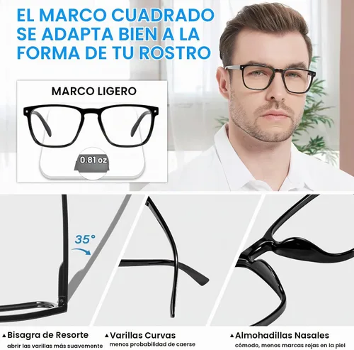 Vista 4 de Lightweight Reading Glasses Men Women Square Spring Hinges Readers 1.00 1.25 1.50 1.75 2.00 2.25 2.50 2.75 3.00 Negro