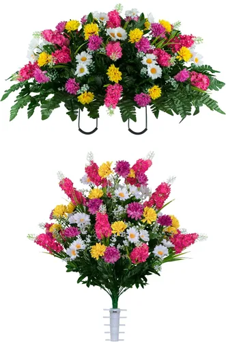 Vista 30 de Sympathy Silks Flores artificiales para cementerios – Decoraciones para tumbas - 1 ramo de flores silvestres de violeta púrpura y naranja, 1 montura