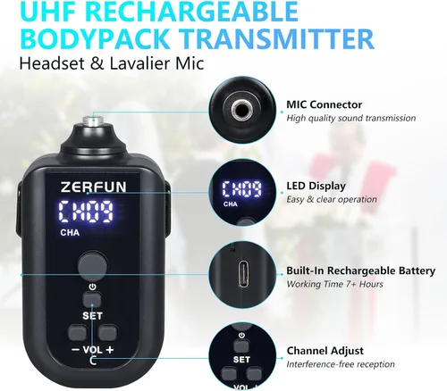 Vista 4 de Sistema de micrófono inalámbrico recargable profesional de 4 canales, auriculares de mano de metal UHF Lavalier con control VOL, frecuencia