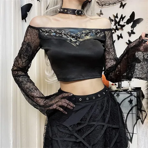 Vista 2 de Camiseta de manga larga con estampado de bruja gótica para mujer, diseño de retazos góticos, ropa estética