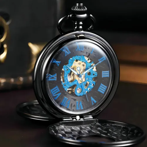 Vista 6 de Relojes mecánicos de bolsillo con números romanos con esfera y cadena para hombre y mujer