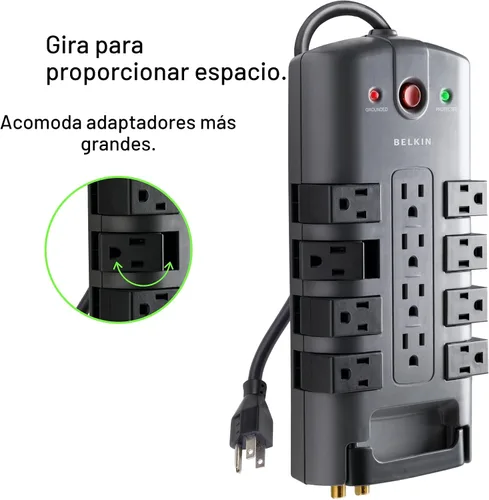 Vista 5 de Regleta giratoria con protección contra sobretensión y protección para teléfono con cable de 6 pies de Belkin Estándar Gris