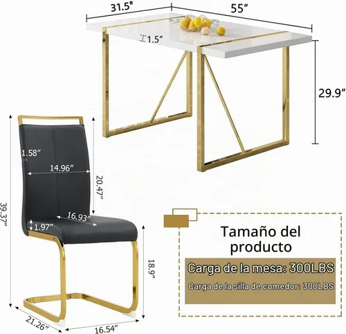 Vista 2 de Conjunto de mesa de comedor blanco Ebullient para 4, mesa rectangular de MDF y sillas de comedor de cuero sintético negro, juego de mesa de comedor