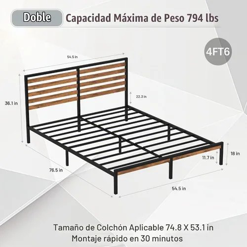 Vista 2 de Marco de cama de tamaño matrimonial con combinación de madera y metal, plataforma estable con soporte de listones de acero, cama doble, no necesita