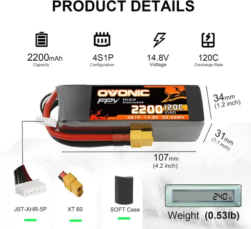 Vista 6 de OVONIC 4s Lipo Batería 120C 2200mAh 14.8V Lipo Batería con XT60 Conector forRC FPV Racing Drone Quadcopter