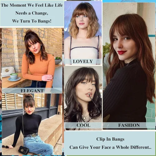 Vista 5 de MOCA HAIR Flequillo con clip, 100 % cabello humano, con pinzas de cabello humano real, color marrón oscuro con sienes, extensiones de flequillo