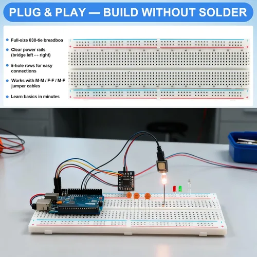 Vista 9 de Kit de 1530 piezas de componentes electrónicos – Set de inicio para laboratorio electrónico 830-Tie Breadboard, resistencias de película metálica