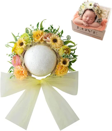 Vista 3 de Accesorios de fotografía para recién nacidos, niños y niñas, sombrero floral para fotos de bebé