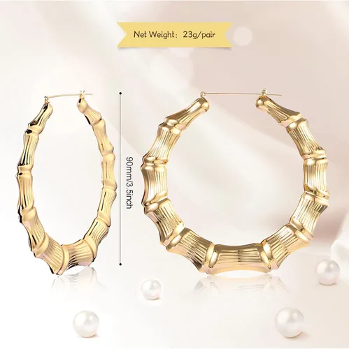 Vista 2 de Aretes de aro grandes de bambú para mujer, aretes de bambú de gran tamaño para uso diario, accesorios de rapero de los años 80 y 90