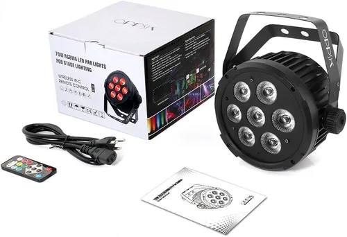 Vista 8 de Par de luz LED para escenario: 70 W RGBWA 5 en 1 LED par puede activar por sonido múltiples modos por control remoto y control DMX para eventos