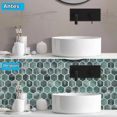 Vista 4 de 10 hojas de azulejos hexagonales autoadhesivos para salpicadero de cocina, nuevo diseño premium extra grueso 3D, azulejos de pared autoadhesivos