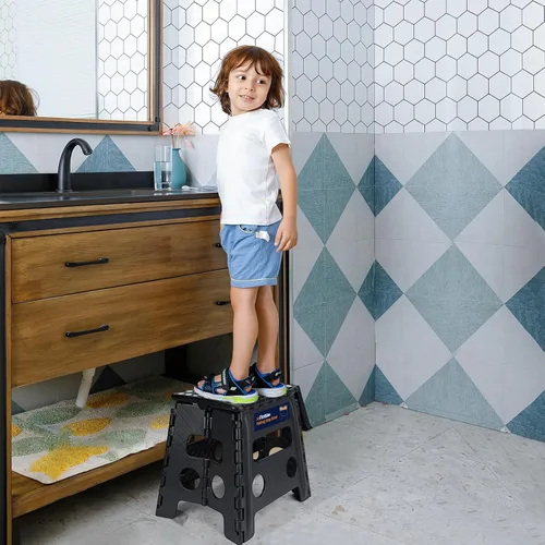 Vista 7 de Flottian Taburete plegable de 13 pulgadas para adultos y niños con capacidad para hasta 300 libras, taburetes plegables antideslizantes con asa