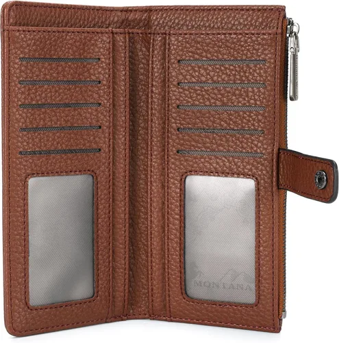 Vista 3 de Montana West Cartera para mujer con bloqueo RFID y bolsillo para monedas con cremallera, D Grande Marrón, Vintage