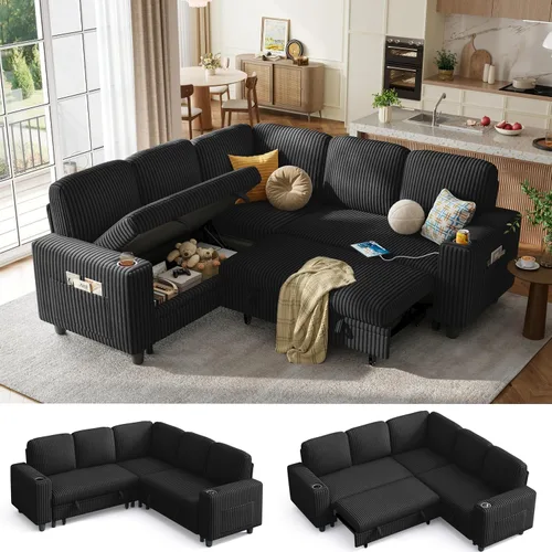 Vista 10 de LINSY HOME - Sofá seccional con cama extraíble y sofá cama deslizable, sofá convertible de pana mullida tipo nube con chaise de almacenamiento