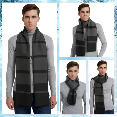 Vista 4 de EINSKEY Bufanda de invierno para hombre, paquete de 2 bufandas de mezcla de lana con borlas de contraste a rayas suaves y largas bufandas de moda