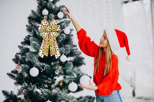Vista 4 de Lazo de Navidad grande para corona, lazo de corona de lunares rojos y verdes con purpurina para decoración de Navidad, lazo de caramelo de invierno