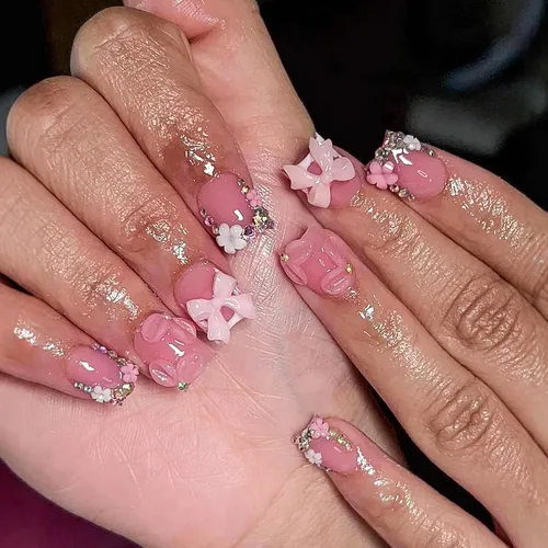 Vista 33 de Uñas postizas cortas cuadradas MABKJLF, uñas francesas falsas con gradiente, uñas de cobertura completa, flores blancas, uñas falsas con diseños