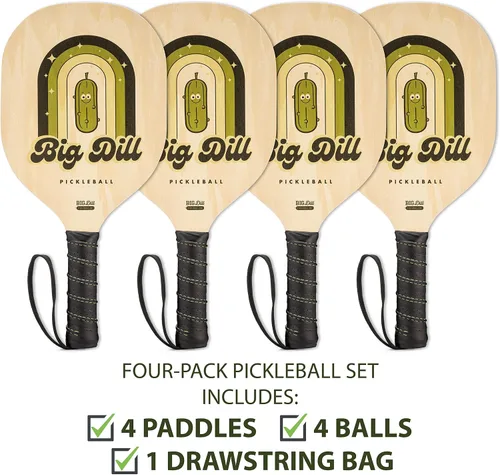 Vista 2 de Big Dill Pickleball Juego de 4 raquetas de madera y bolas de pepinillo - Kit de pickleball para principiantes con bolas y bolsa de transporte