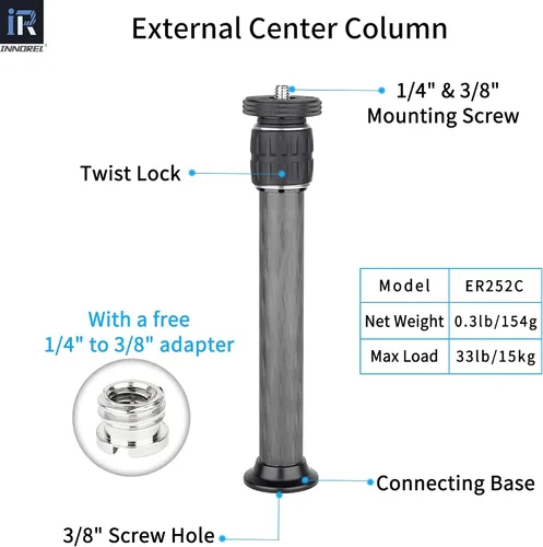 Vista 2 de INNOREL ER252C Universal 10 capas de fibra de carbono trípode centro columna extensión trípode dos secciones media columna poste para trípode