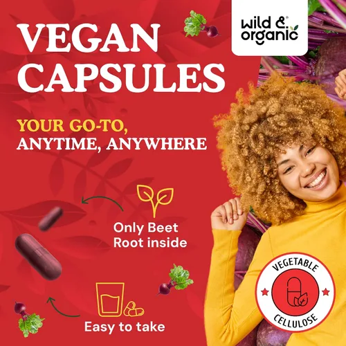 Vista 4 de Wild & Organic Cápsulas de raíz de remolacha de 8000 mg - Extracto de remolacha 20:1 - 120 cápsulas veganas - Extracto de pimienta negra para una