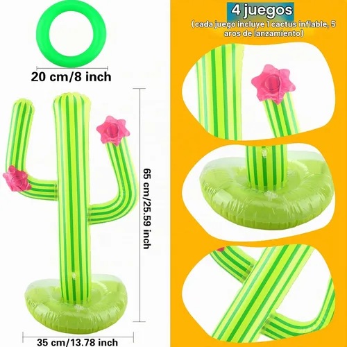 Vista 2 de 4 Set Inflatable Cactus Ring Toss Games Includes 4 Pcs 25 Inch Large Inflatable Cactus with 16 Pcs/ 20 Pcs Blow Up Ring Toss for Summer Pool Water