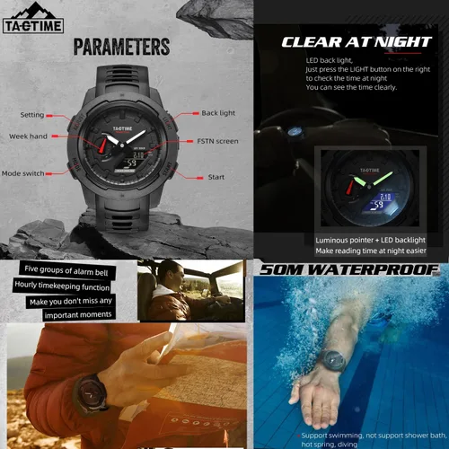 Vista 3 de Reloj táctico para hombres y mujeres, estilo militar, deportivo, digital, con hora mundial y 5 alarmas, hecho de fibra de carbono y retroiluminación