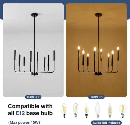 Vista 9 de WOKNOS Candelabros modernos negros de granja, 8 luces industriales de metal, lámparas colgantes clásicas para cocina, dormitorio, comedor, sala