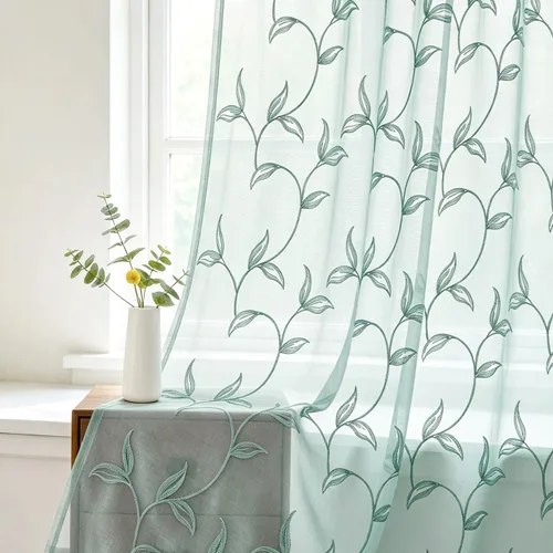 Vista 15 de VISIONTEX 2 paneles de cortinas traslúcidas de 63 in de largo, cortinas de gasa semitransparentes bordadas con hojas florales beige, bolsillo