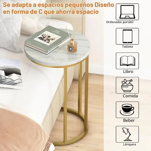 Vista 8 de Function Home Mesa auxiliar de mesa C, mesa auxiliar de sofá en forma de C de mármol, mesas de sofá que se deslizan por debajo, mesa decorativa