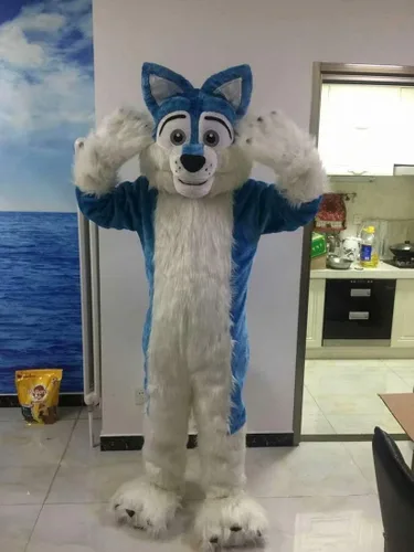 Vista 4 de Disfraz de dibujos animados de lobo azul de peluche con máscara para adultos Cosplay Party Halloween Dress Up