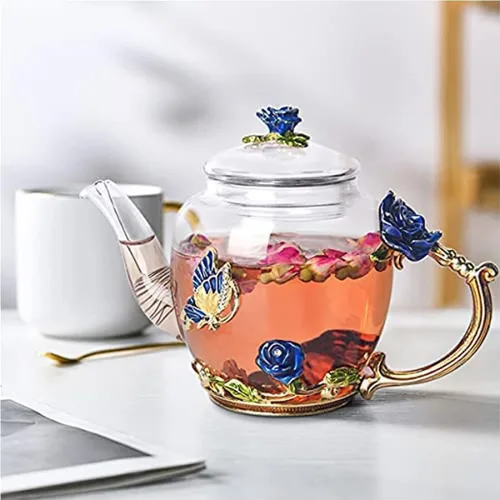 Vista 5 de Tetera creativa de cristal de flores para té de Kung Fu, buen regalo para hermana, mamá, abuela, profesores (rosa azul)